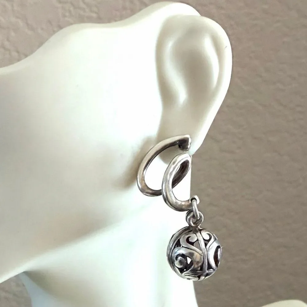 Vintage Sterling Silver Balinese Filigree Sphere Dangle Earrings